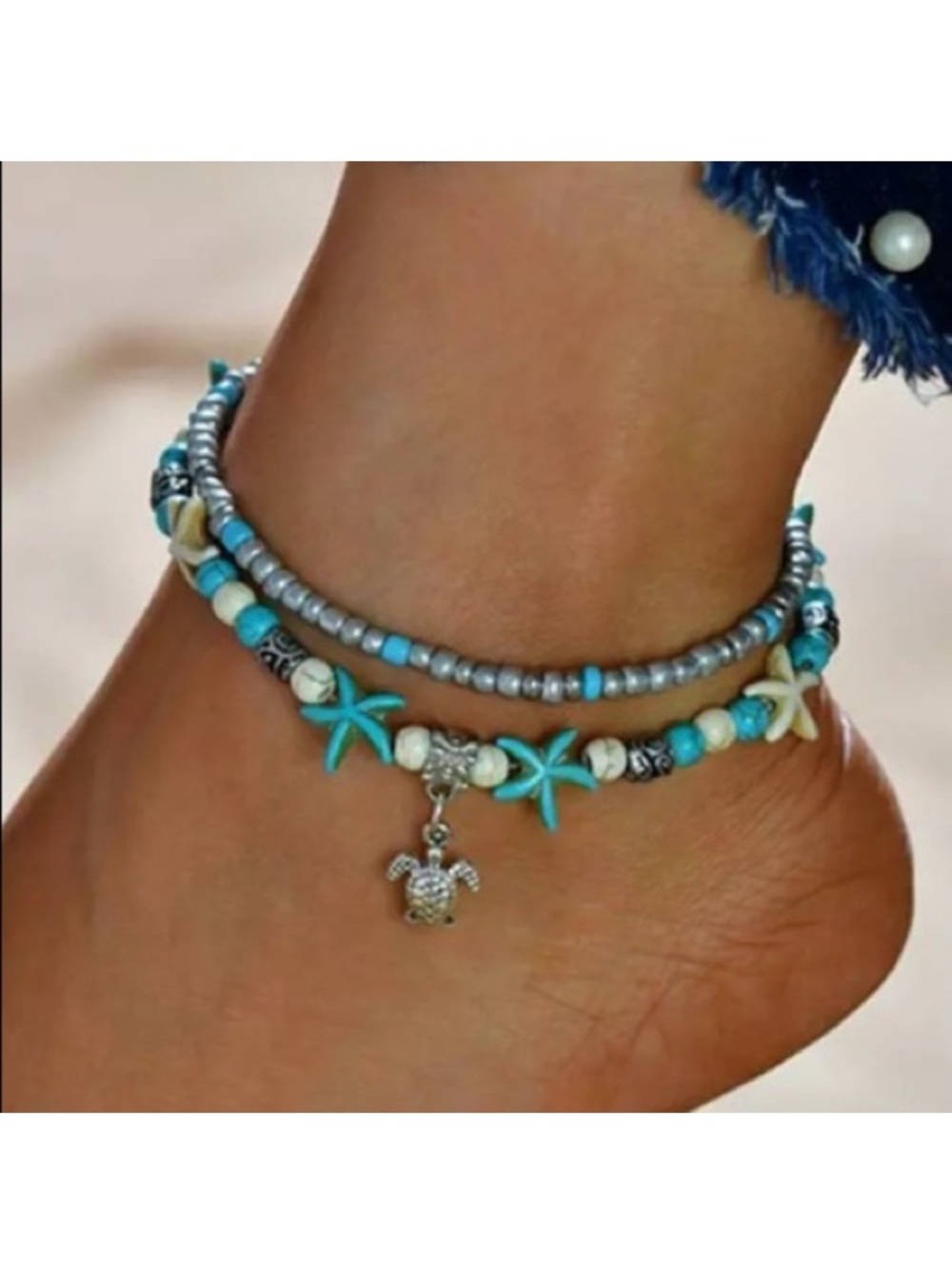 Sea Turtle Silver Toned Turquoise Beaded Boho Anklet